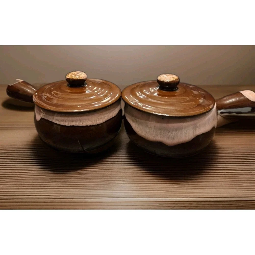 Vintage Pink Drip Brown Glaze French Onion Soup Crocks with Lids | Set of 2